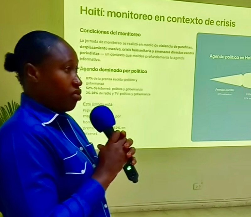 Jéruscha Vasti Michel, coordinadora nacional delGMMP en Haití, expuso que la agenda de política y gobernanza en supaís está cubierta 90 por ciento por hombres, en un contextomarcado por la violencia de pandillas y las amenazas contraperiodistas.