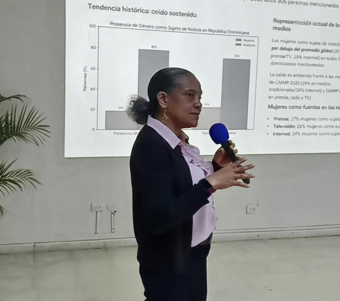 Solange De La Cruz Matos, coordinadora nacionaldel GMMP en República Dominicana, vinculó la caída en la presencia de mujeres como sujeto de noticia a la disminución de mujeres en las propias redacciones.